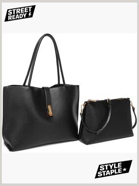 2-in-1 Vegan Leather Tote Bag with Removable Pouch Work Daily